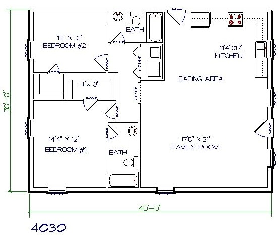 1200 Sqft East Facing Barndominium Floor Plan