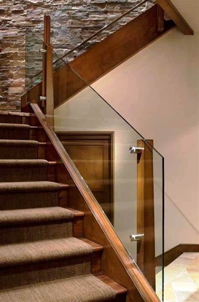 Wooden Stairs Railing Design With Glass