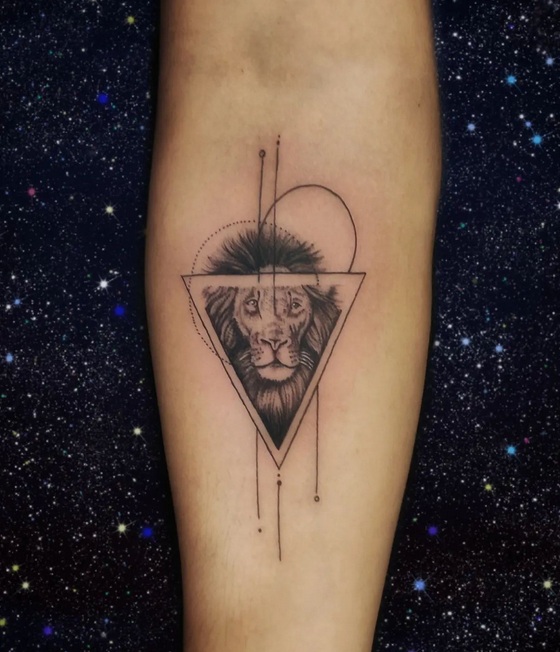 Triangle Tattoo With A Roaring Lion