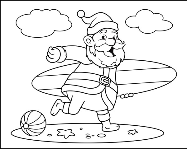 Surfing Santa On The Beach Coloring