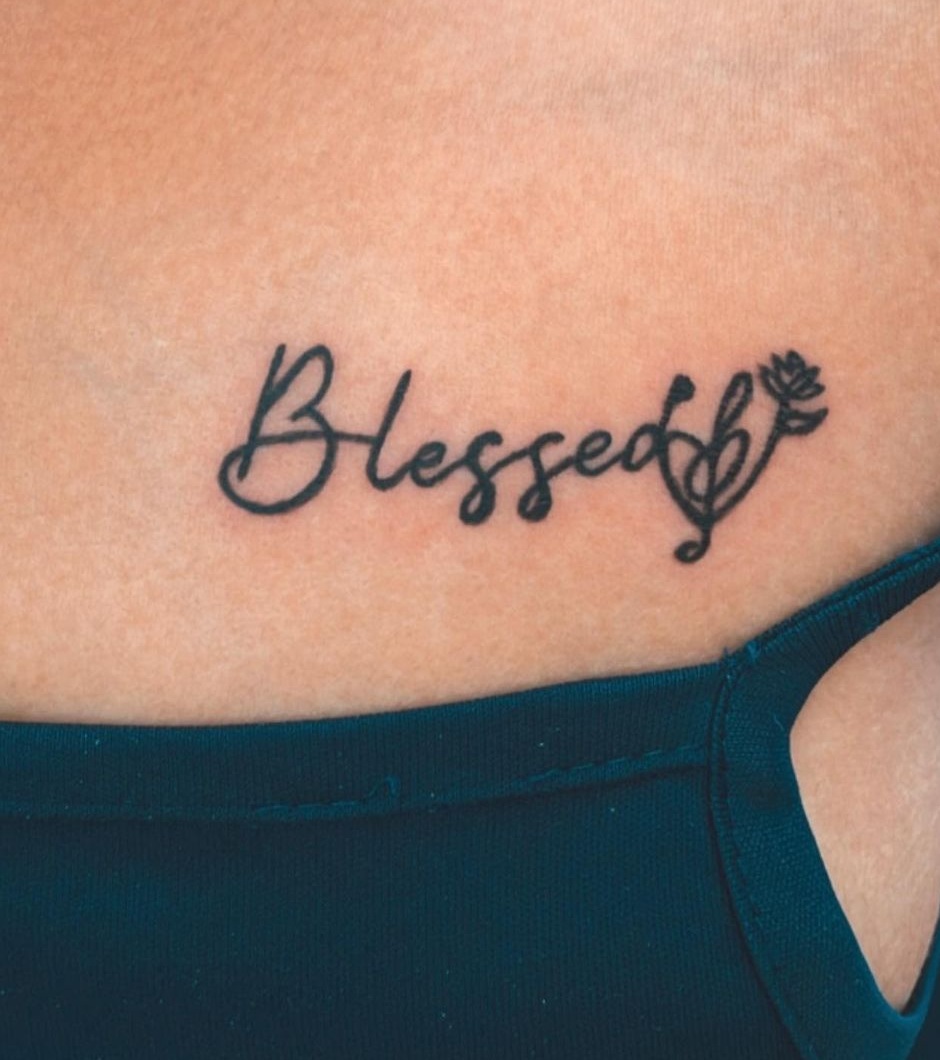 Beautiful Blessed Tattoo On Chest