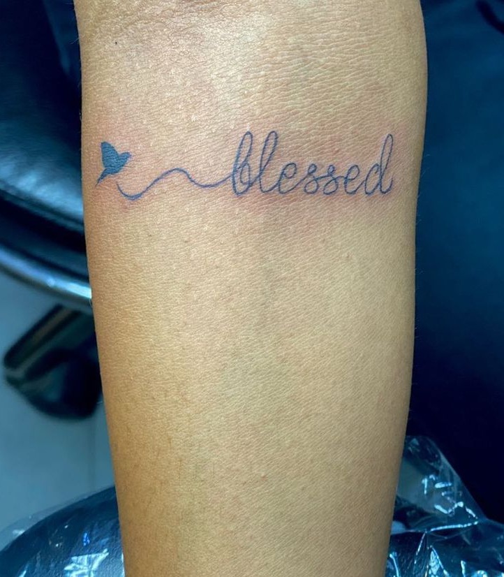 Blessed Tattoo With A Little Bird In Blue