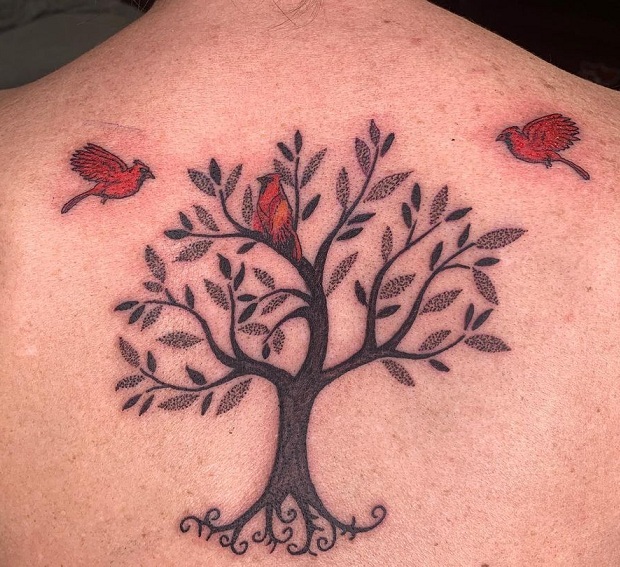 Cardinal Birds Flying To The Tree Tattoo On The Back