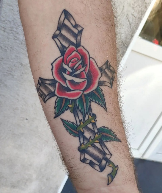 Catholic Cross With Rose Tattoo