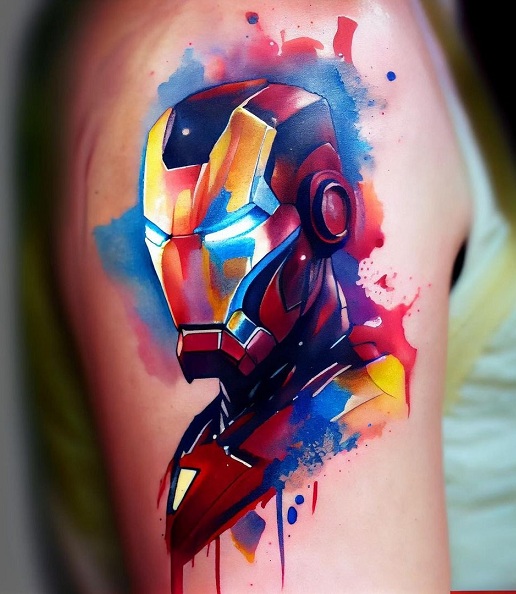 Colourful Ironman Tattoo On The Bicep
