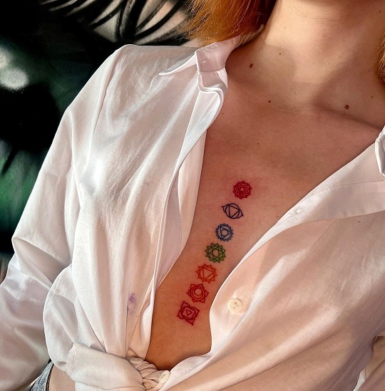 Colourful Seven Chakras Tattoo On The Chest