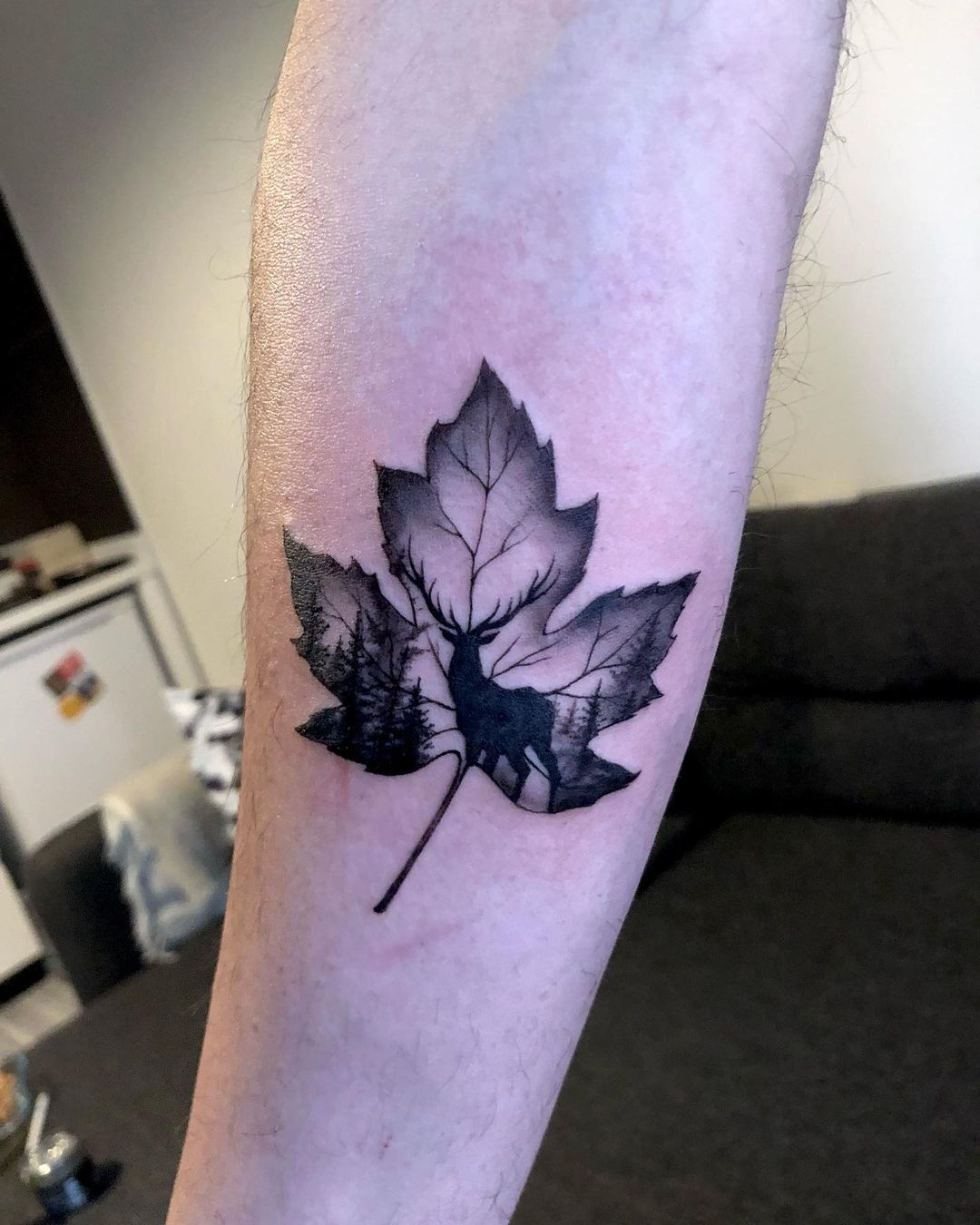 Deer Forest Tattoo On The Leaf