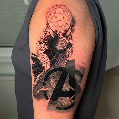 Detailed Avengers Symbol And Spiderman Tattoo