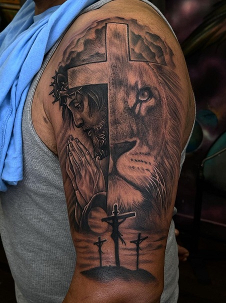 Full Sleeve Lion and Jesus Crucifix Temporary Tattoo Click for More Details  Realistic Cross Vintage Clock Craft Supply - Etsy