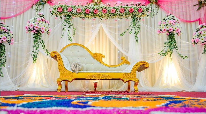 Fancy Aesthetic Valaikappu Function Décor At A Banquet Hall