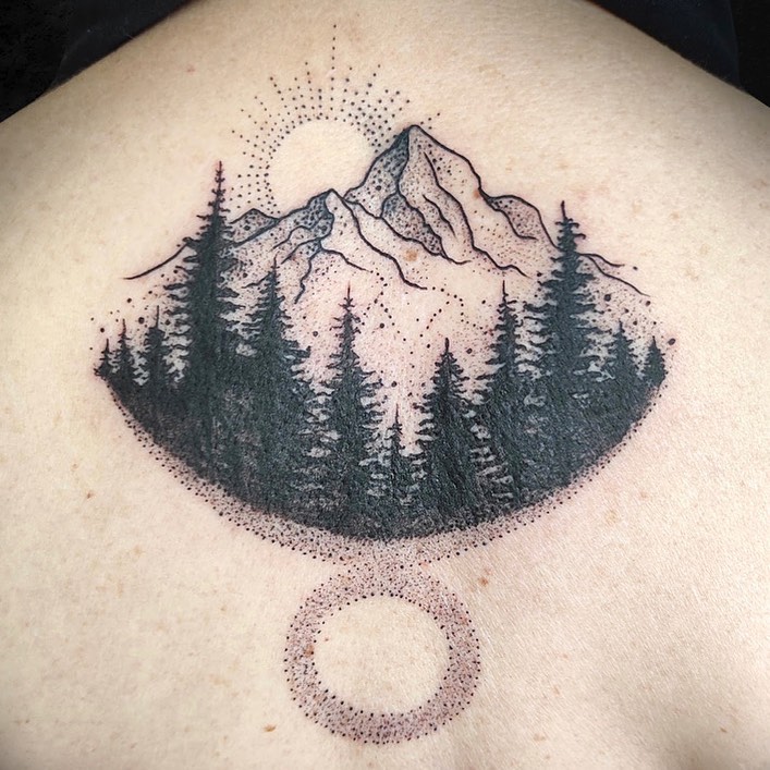 Forest Mountain Tattoo On The Back