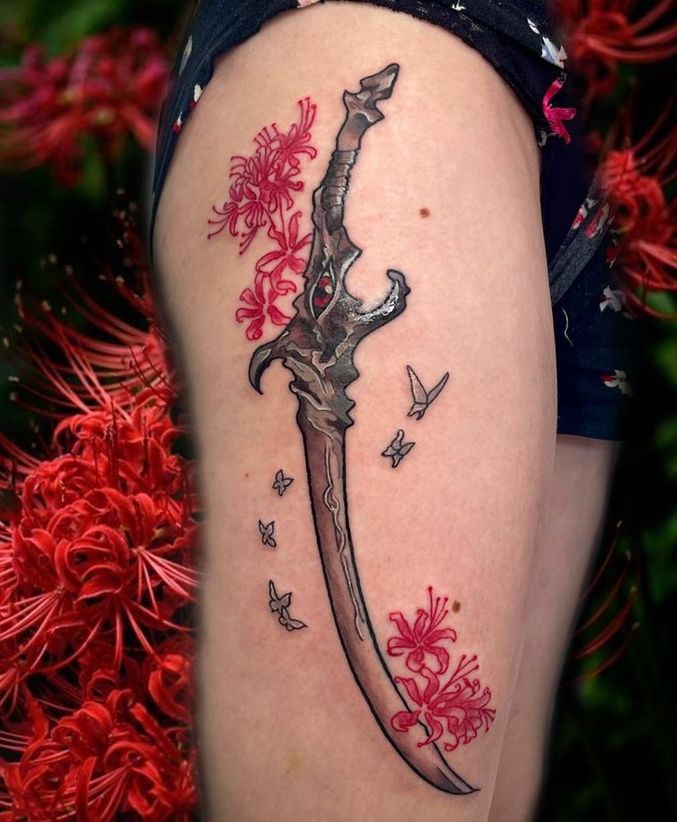 Japanese Sword Tattoo On The Thigh
