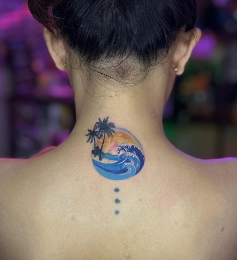 Palm tree wave tattoo on the back of the neck