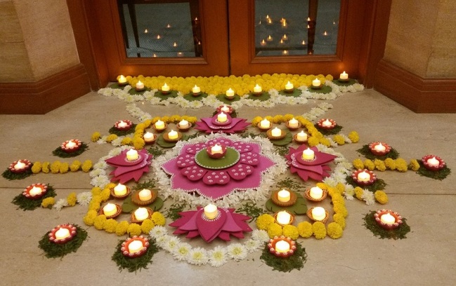 Rangoli Entrance With Diya For House Warming Decoration