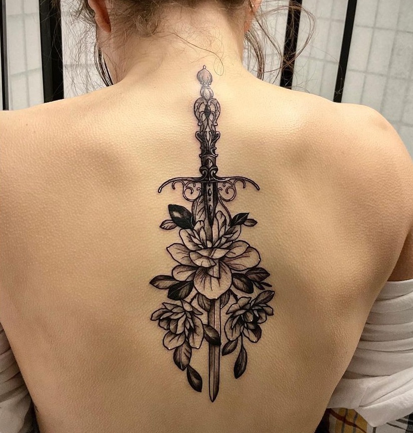 Sword Back Tattoo With Florals