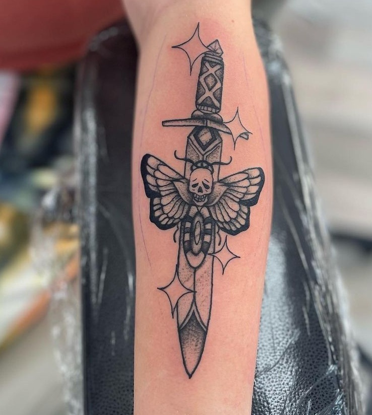 Sword Tattoo With A Skull And Butterfly On The Arm