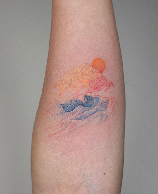 Watercolor Wave Tattoo With The Rising Sun