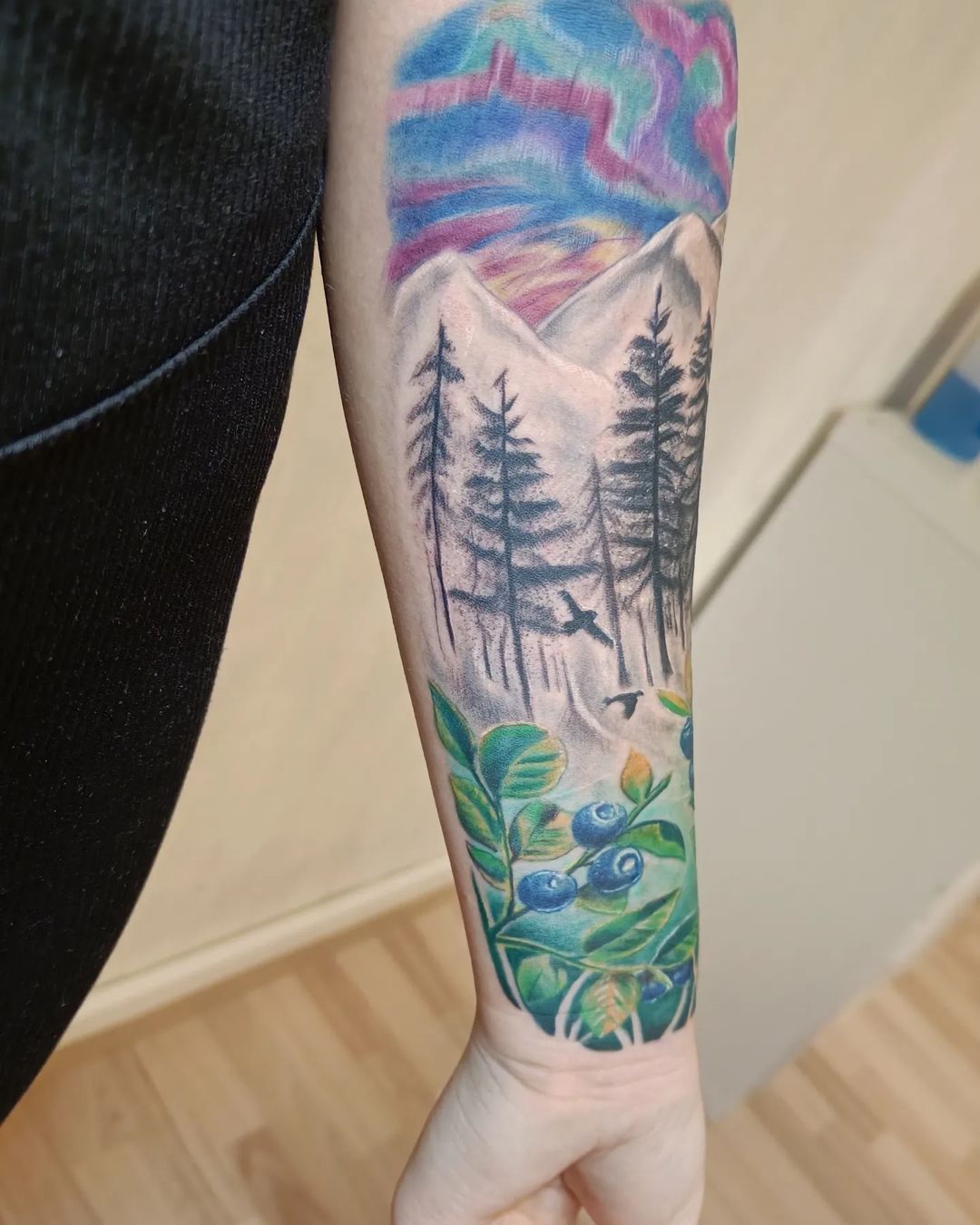 Watercolour Forest Tattoo On Half Sleeve Forearm