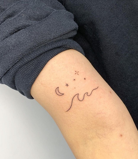 Wave, Moon, And Stars Tattoo Design