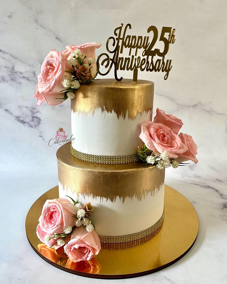 Gold And White Cake For 25th Wedding Anniversary