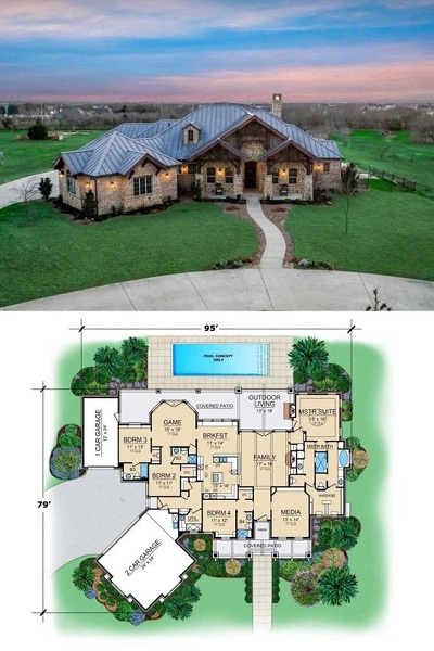 Huge Brick And Stone Ranch Four-Bedroom House Building Plan