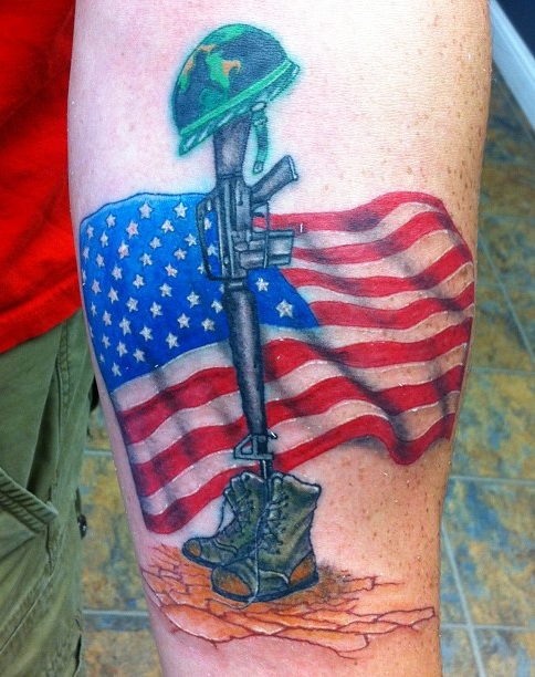 American Flag Tattoo With Soldier's Boots And Gun