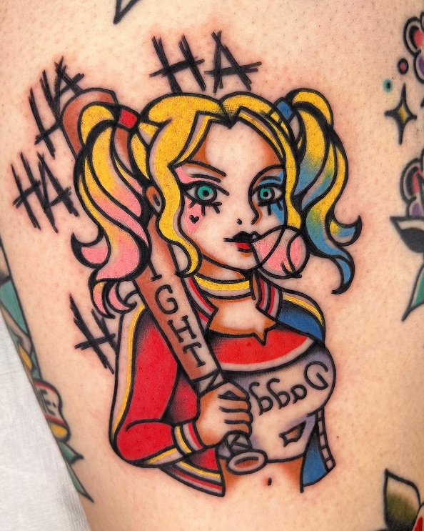 Colourful Harley Quinn Cartoon Tattoo