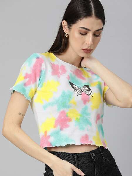 Multicolor Tie Dye T Shirt With Butterfly