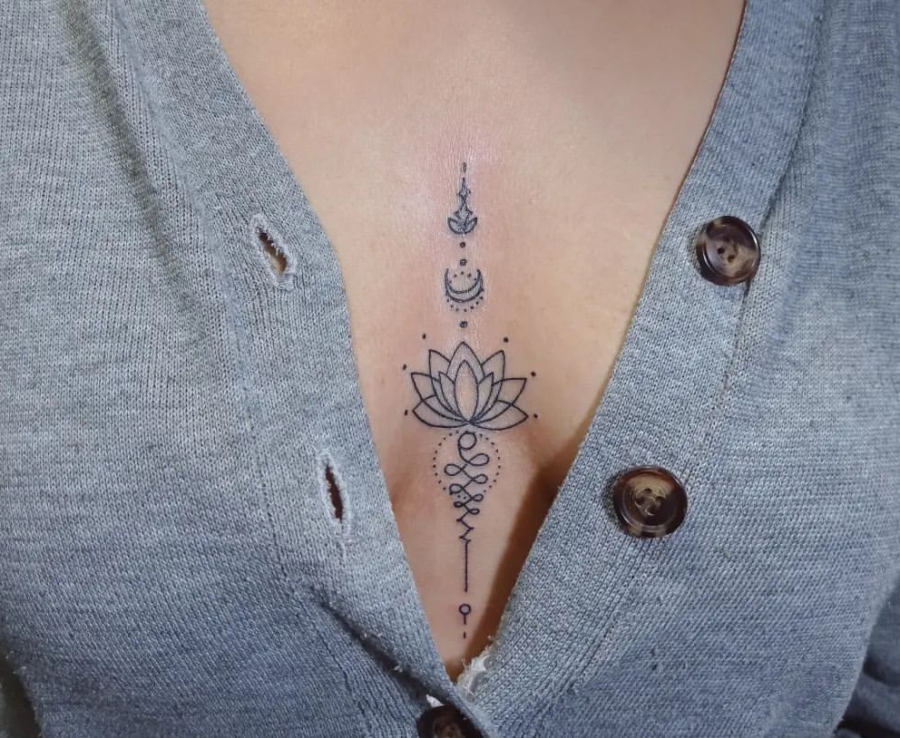 Chakra Lotus Line Floral Breast Tattoo
