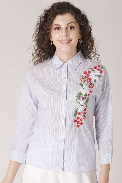 Floral Embroidered Striped Shirt