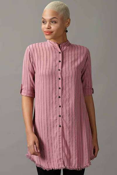 Long Striped Collarless Shirt