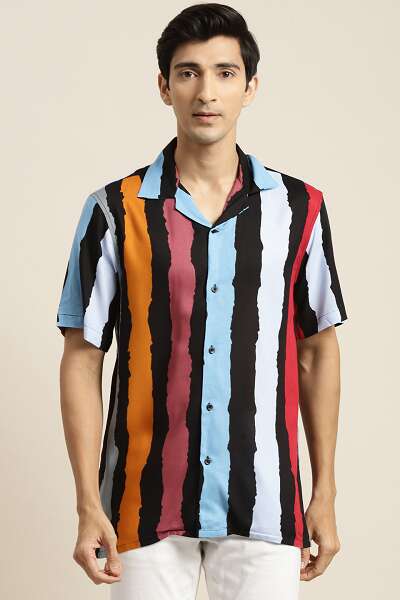 Rainbow Striped Cuban Collar Shirt