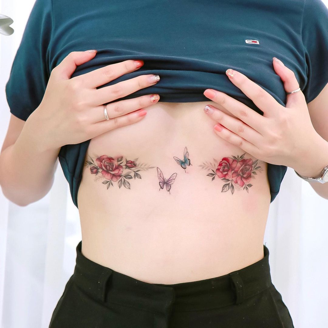 Symmetry In Nature, Roses And Butterflies Breast Tattoo