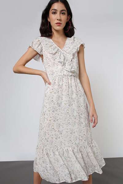 White Floral Ruffle Midi Dress