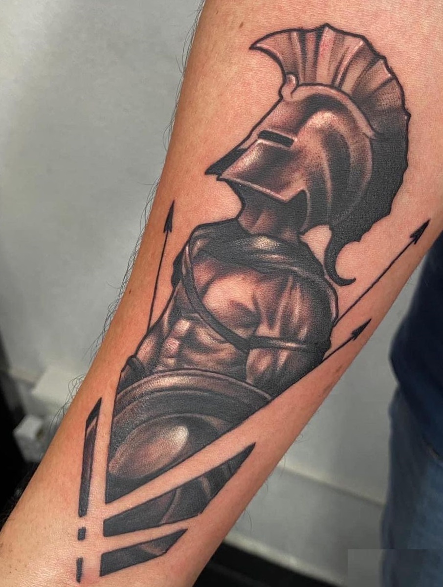 Black And Grey Spartan Tattoo