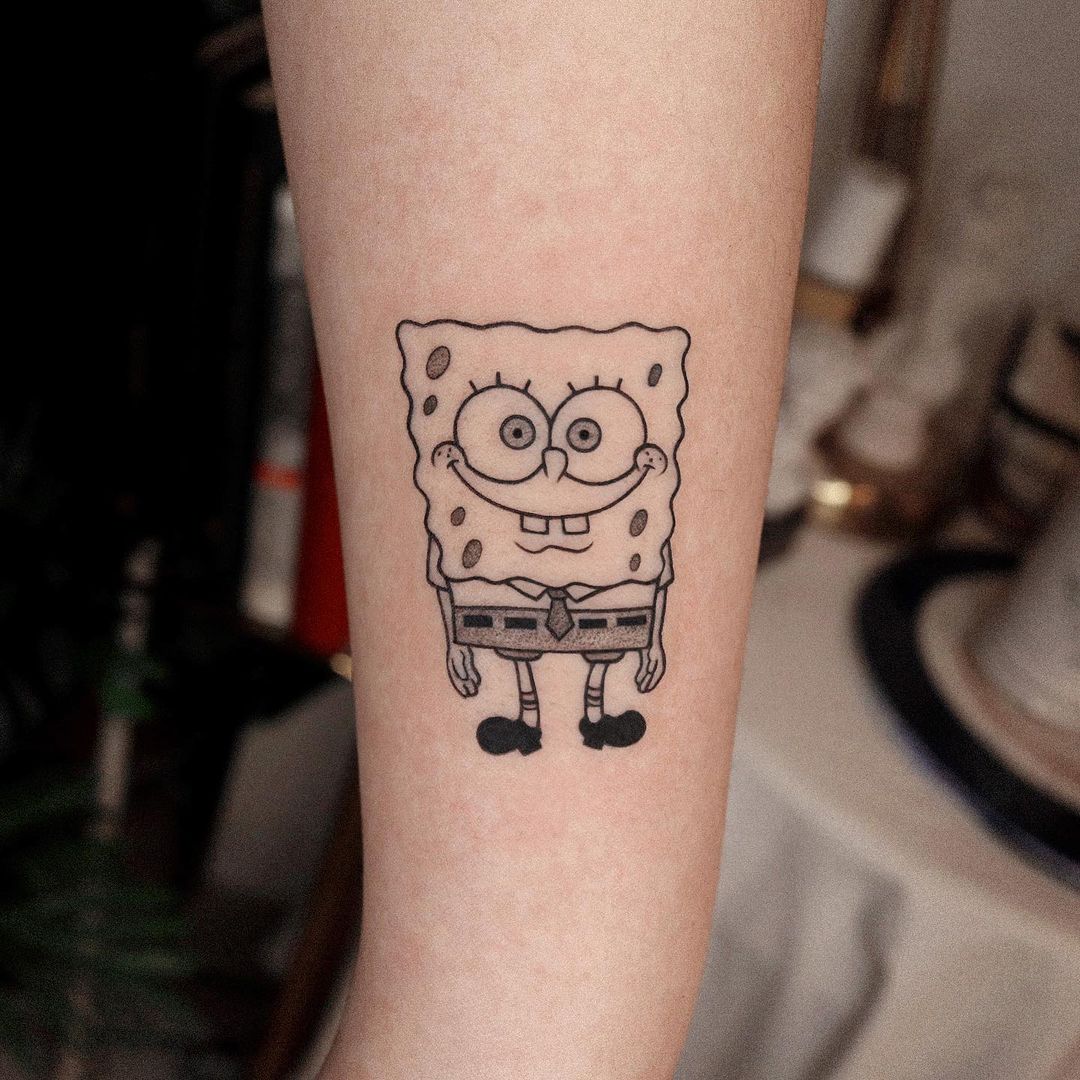 Black And White Sponge Bob Tattoo