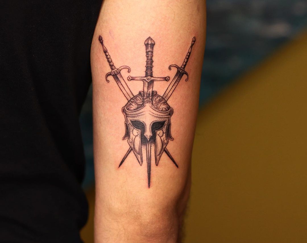 Spartan Helmet Tattoo With Swords