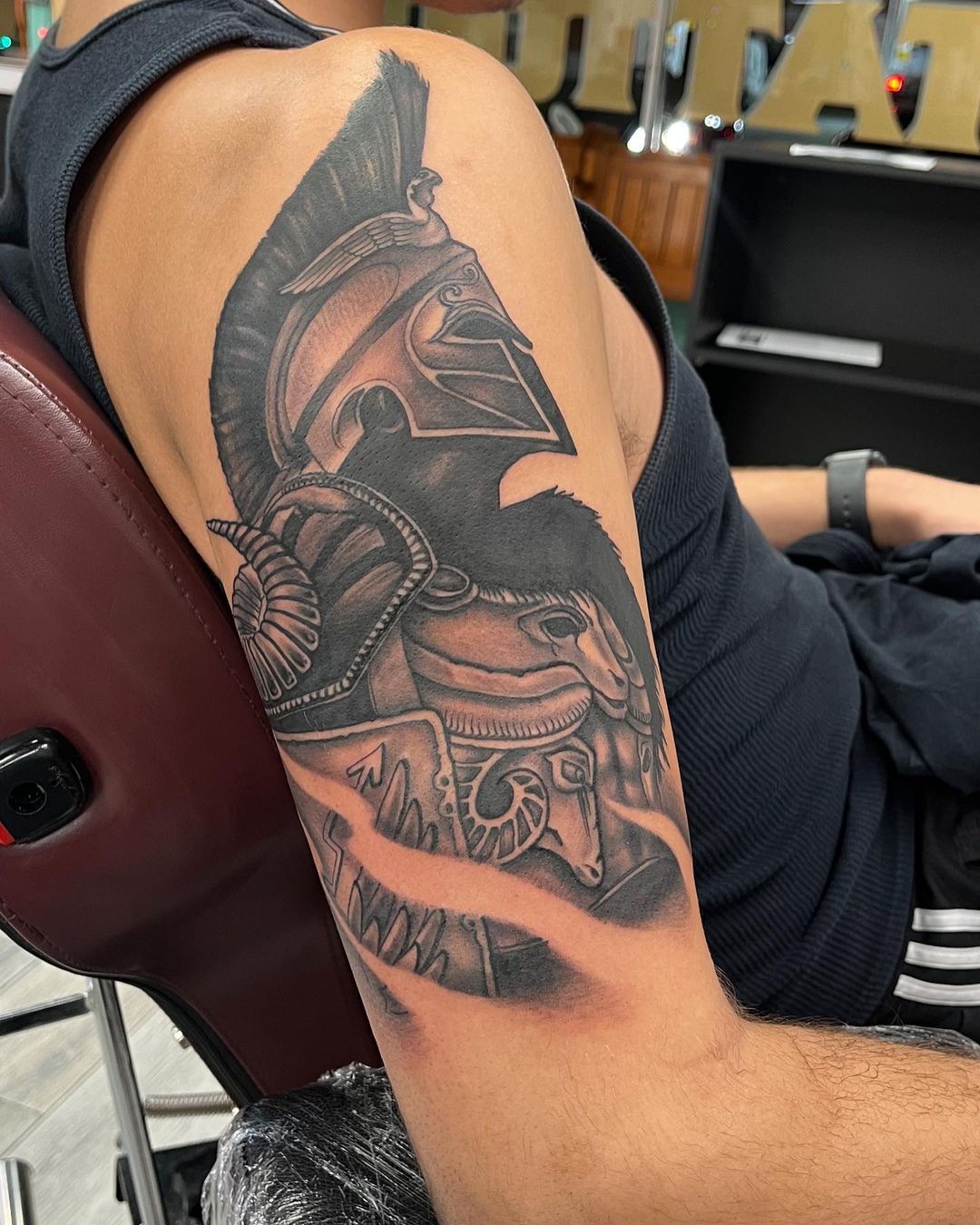 Spartan Tattoo Design Near The Shoulder