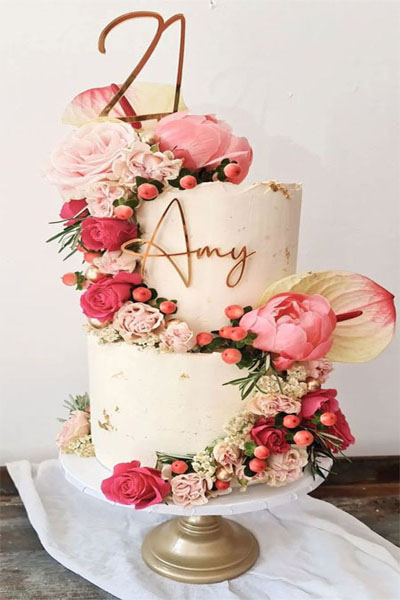 9. Two Tier Floral Cascade 21 Bday Cake