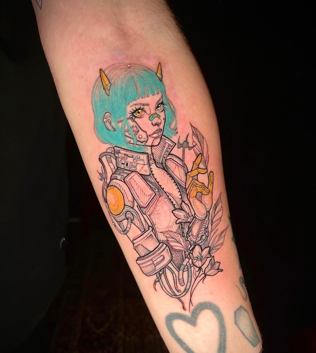 A Lady In Mechanical Suit With Flowers Cyberpunk Tattoo