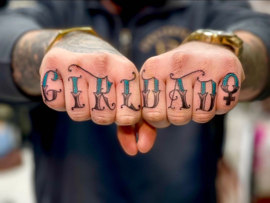 Colourful 'girl Dad' Knuckle Tattoo