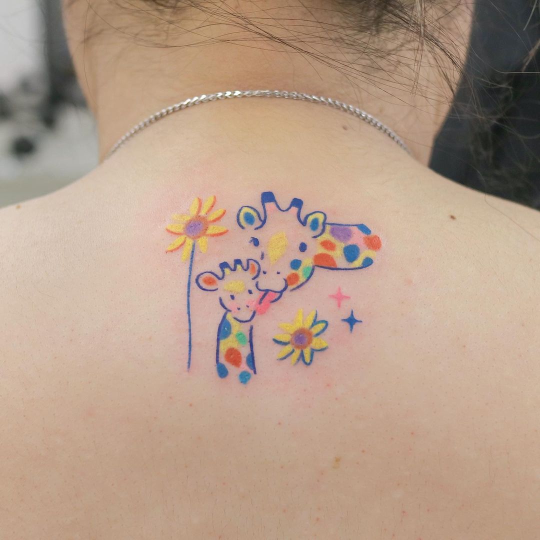 Colourful Giraffe Neck Tattoo