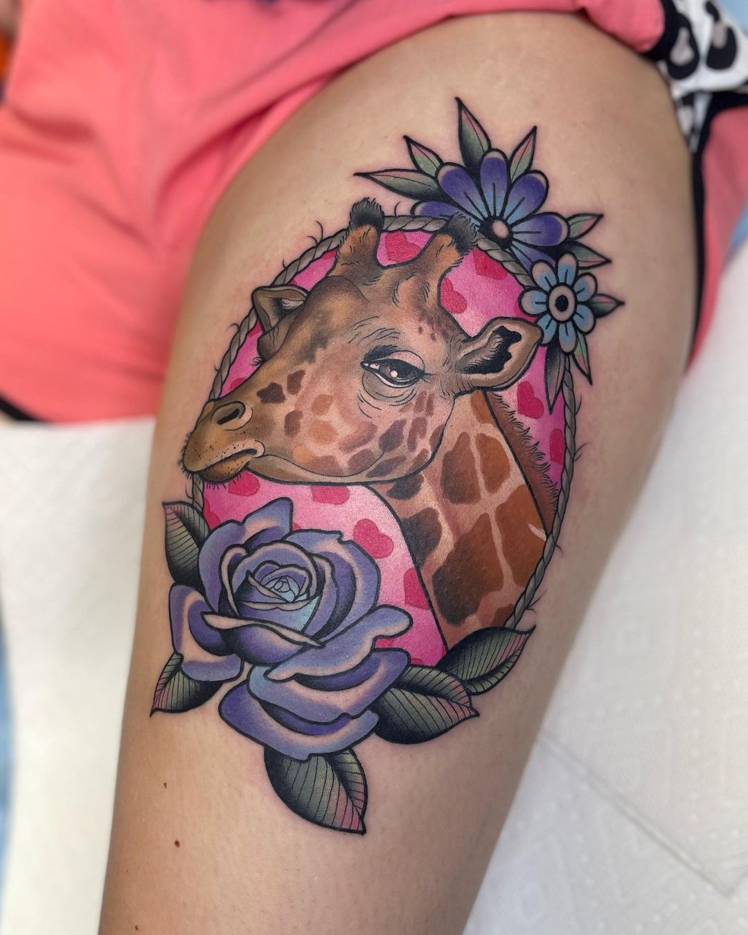 Colourful Giraffe And Flower Thigh Tattoo