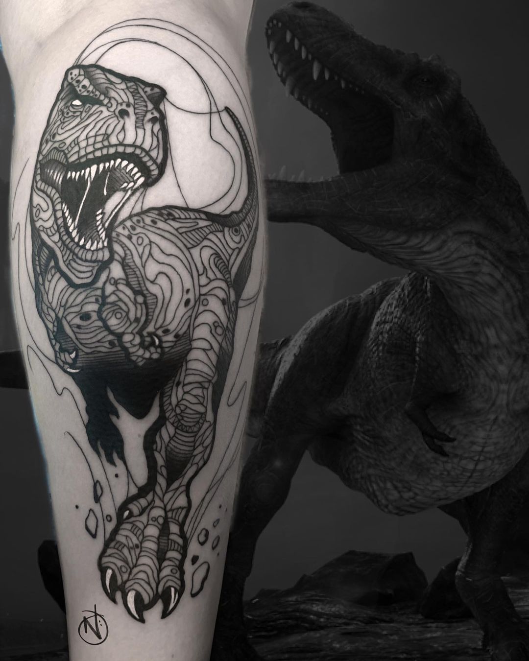Geometric T Rex Forearm Tattoo