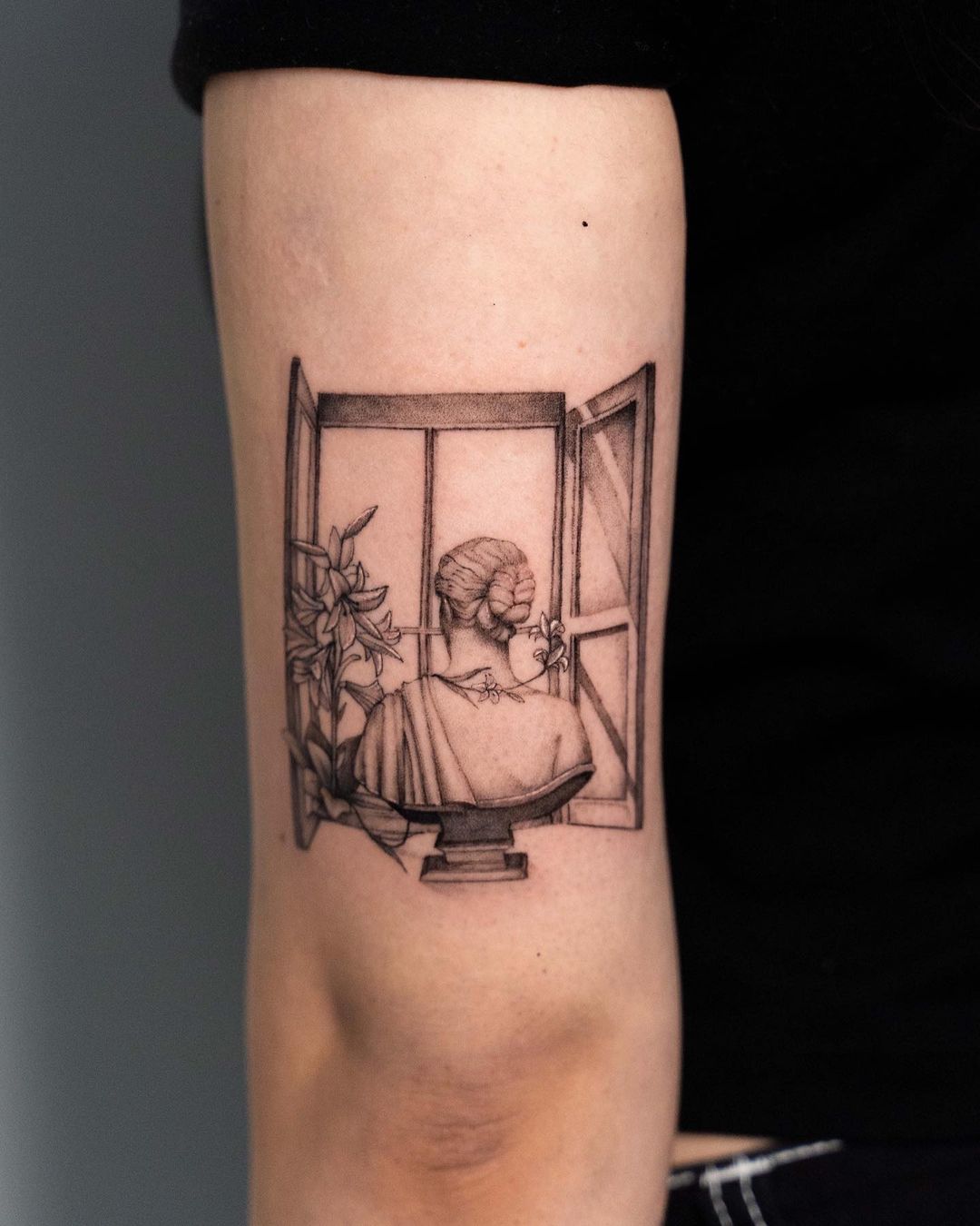 Grandma's Contemplative Window Scene Tattoo