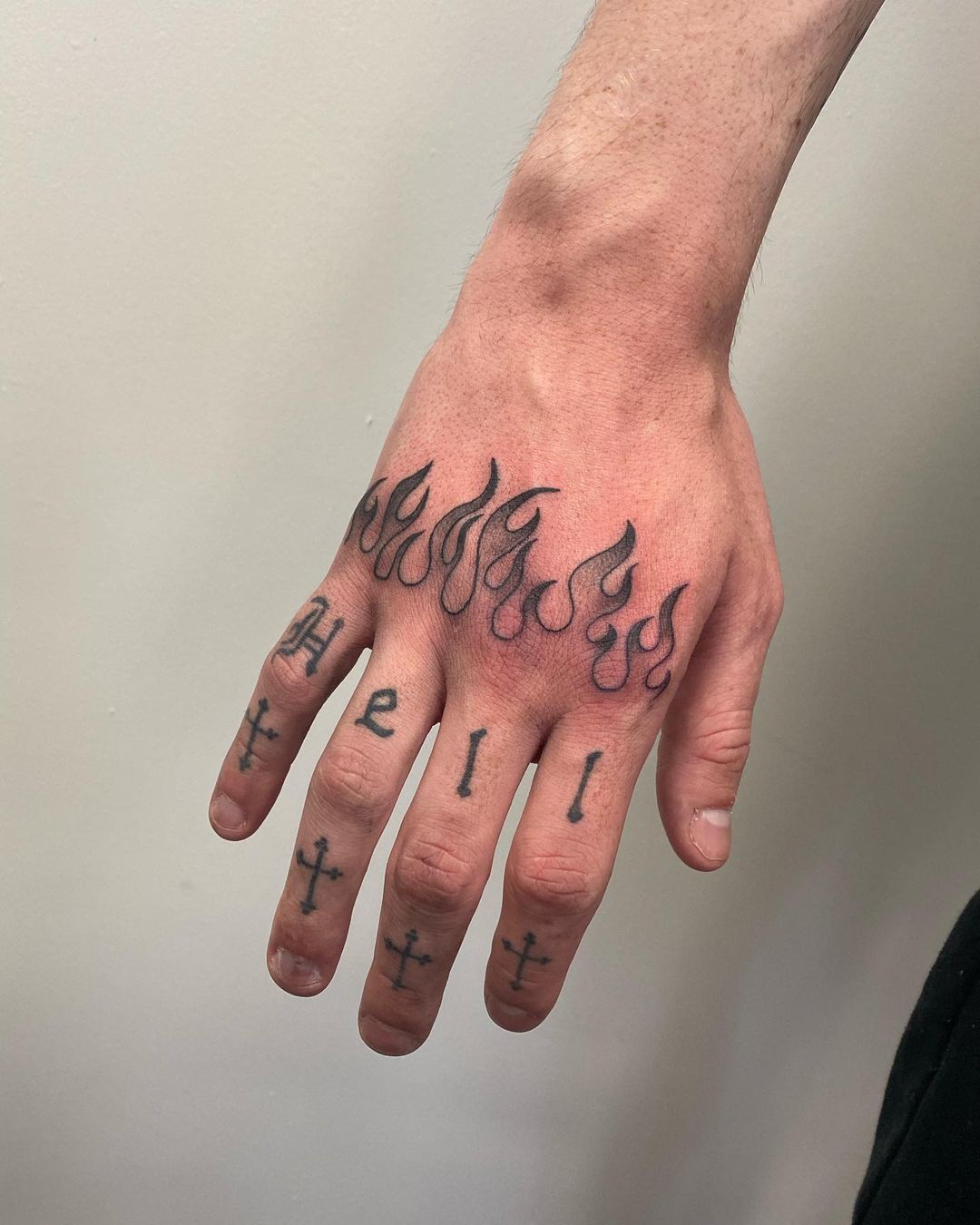 'hell' Knuckle Tattoo With Flames
