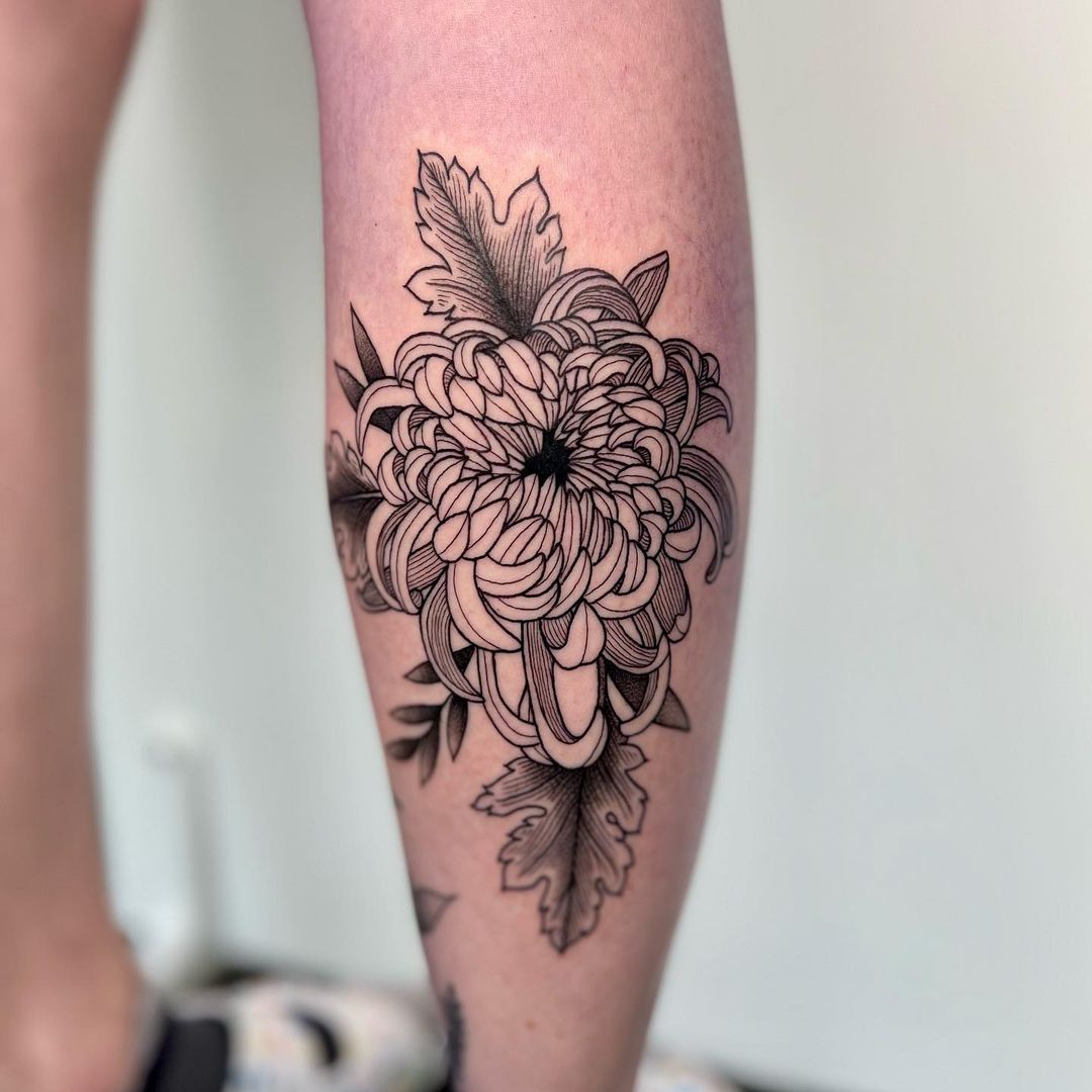 Black and Grey Chrysanthemum Flower Tattoo Design – Tattoos Wizard Designs