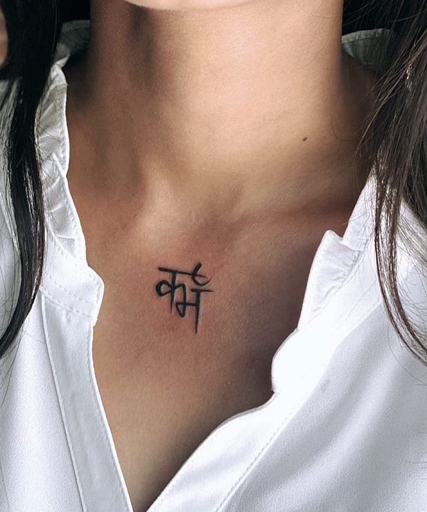 Sanskrit Karma Collarbone Tattoo