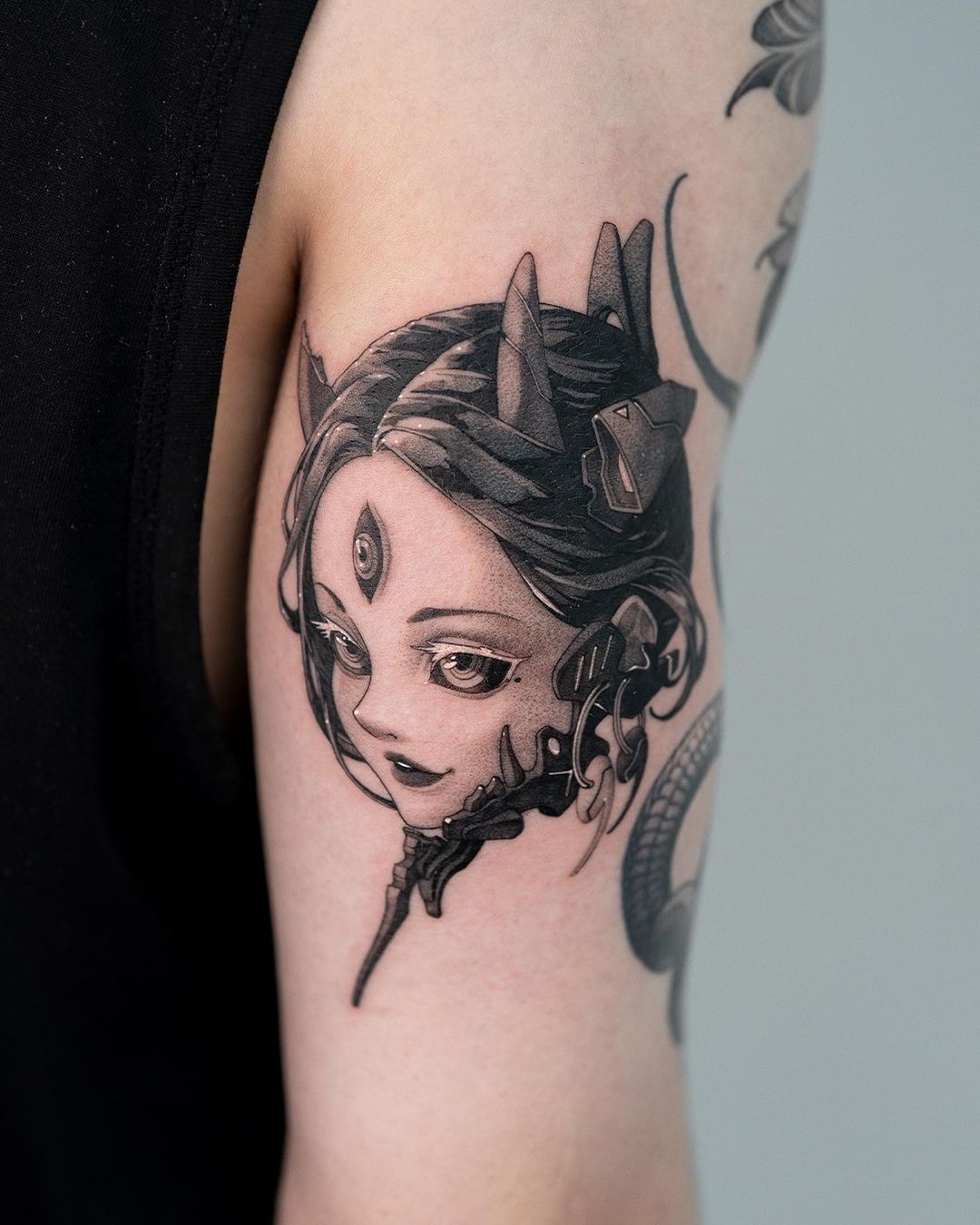 Stunning Female With Thirdeye Cyberpunk Tattoo
