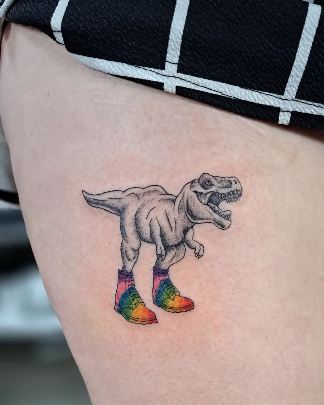 T Rex With Colourful Boots Thigh Tattoo